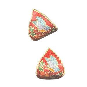 Vintage Pierced Cloisonné Teardrop Earrings With Enamel Floral Design
